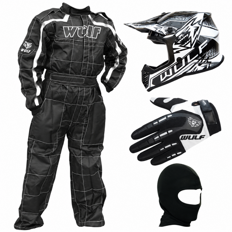 Black & White Wulfsport Clothing & Helmet Discount Bundle Deal