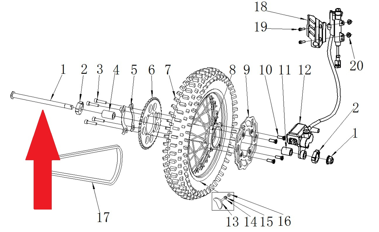 Rear Wheel Axle (M14 x 1.5 x 225mm) - RFN 125cc / 140cc Thunder Dirt Bike
