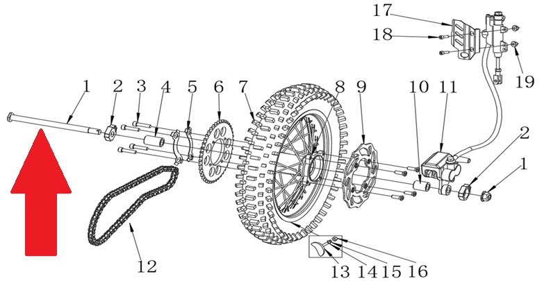 Rear Wheel Axle (M14 x 1.5 x 225mm) - RFN Thunder Pro 110cc Dirt Bike